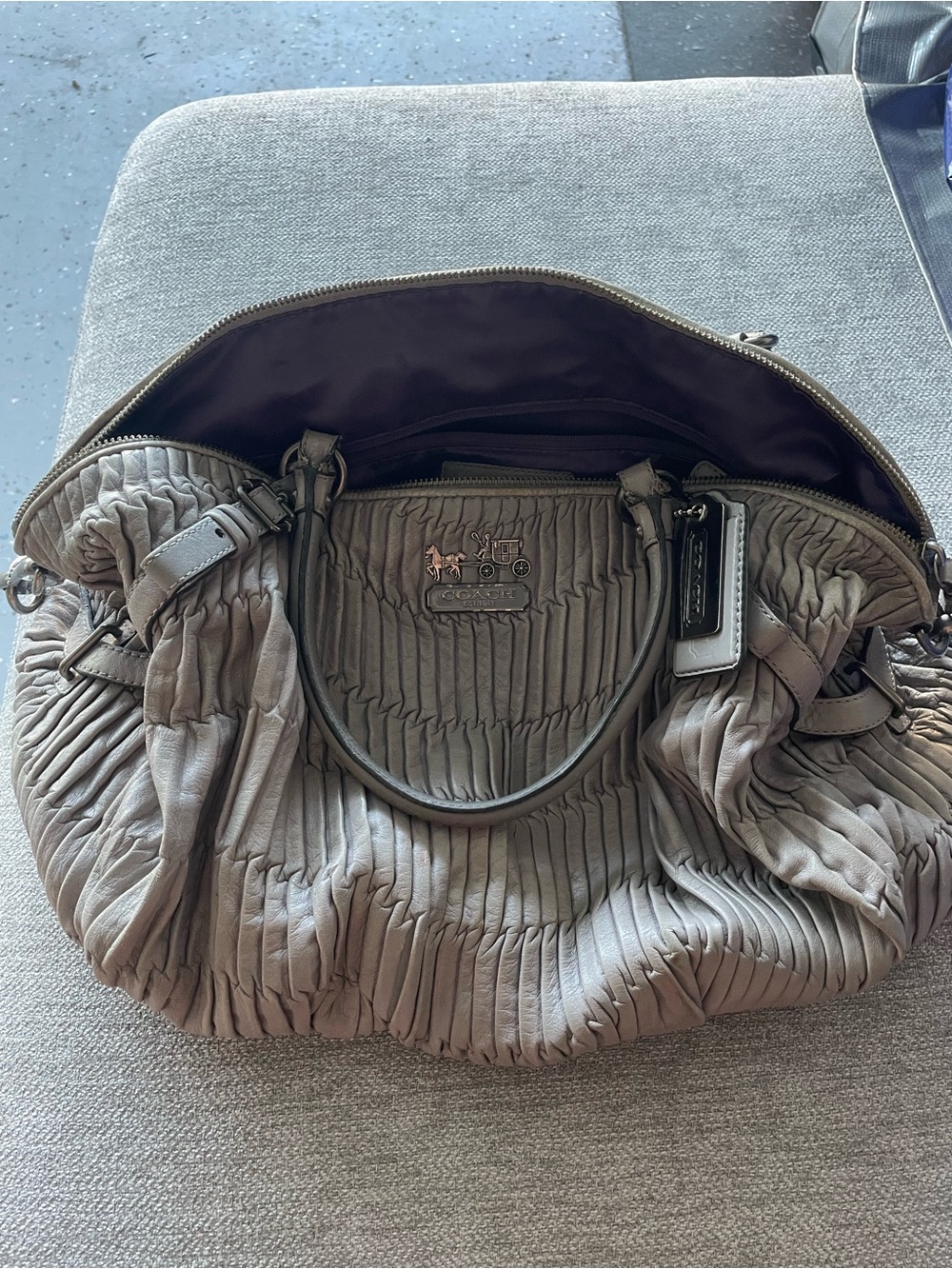 Coach Taupe Ruched Leather Satchel with Signature Plaque
